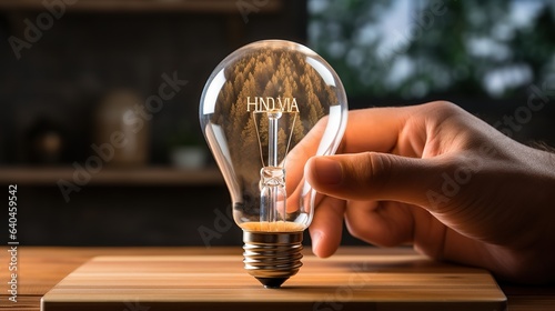 Hand touching on light bulb on wood block with word ideas new idea concept with innovation