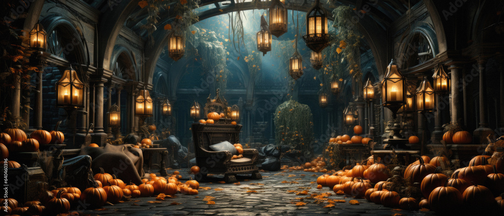Fototapeta premium Halloween spooky background, scary pumpkins in old big creepy Happy Haloween ghosts horror house evil haunted castle scene. Creepy dark gothic mysterious night dark backdrop concept.