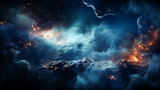 Space scene with stars, planets and asteroids in the galaxy. Panorama. Universe filled with stars, planets, asteroids, nebula and galaxy. Cosmic dust and fog. Generative AI technology.