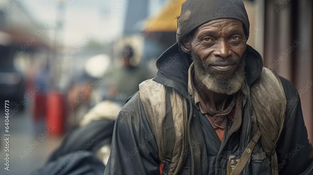 Black homeless garbage collector walking down the city street looking at the camera.