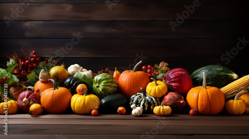 Abundant Harvest, Thanksgiving Day with Bountiful Pumpkins and Vegetables on Rustic Brown Wood Table