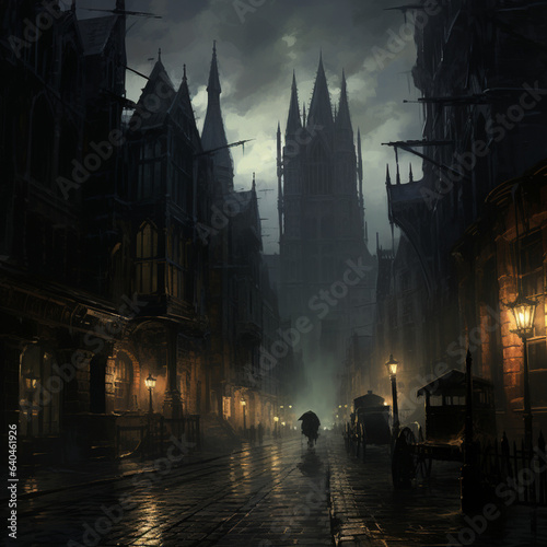 Victorian city with fog and night