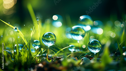 Bright colored flowers and grass. Soap bubbles. Magic light, bokeh. Illuminated by the light of the setting sun. Generative AI technology.