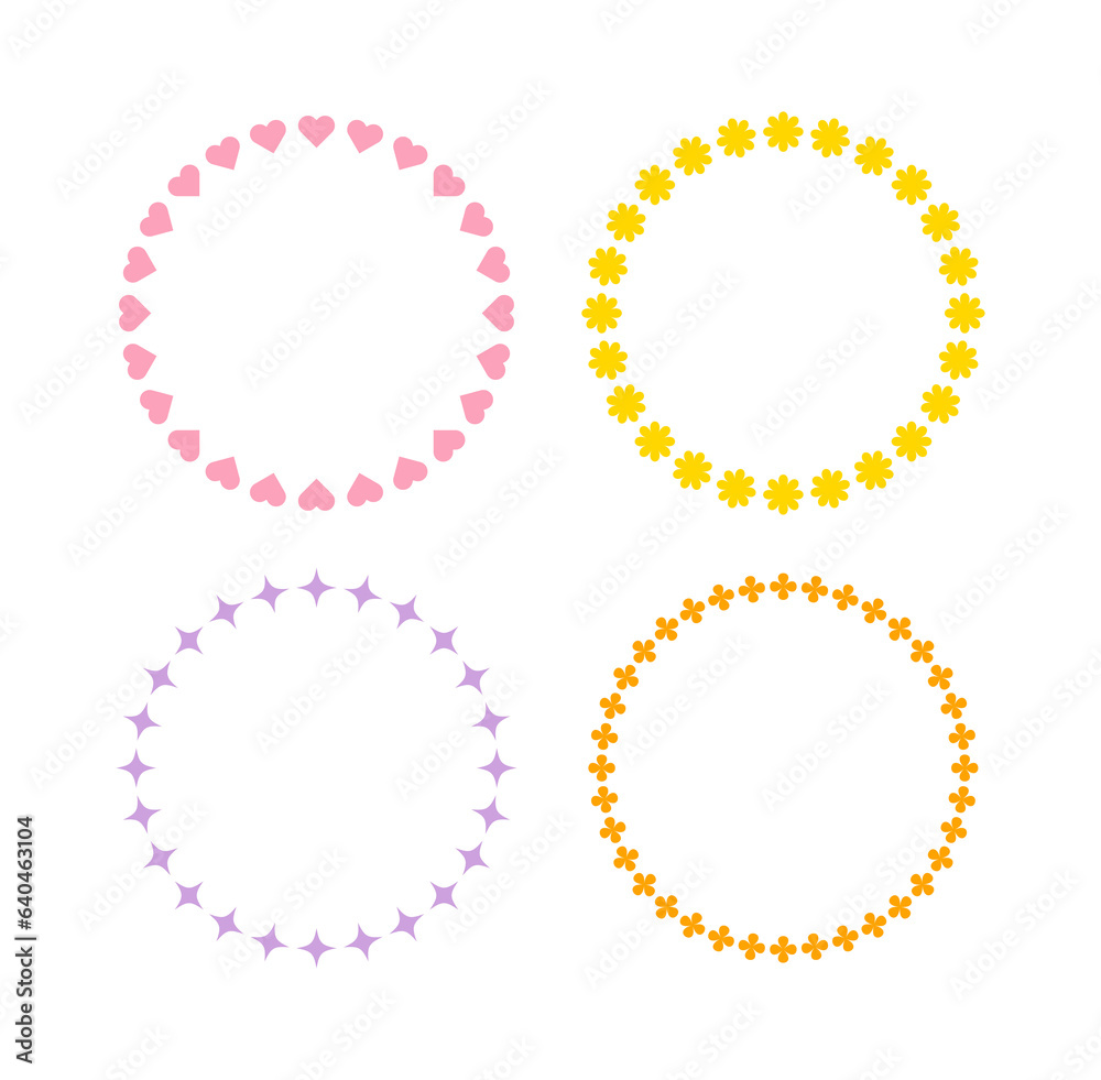 A set of border frame illustrations with icons of various shapes, such as hearts, flowers, stars, lights, and stars, surrounded in a circle. A set of border frame illustrations with icons of various shapes, such as hearts, flowers, stars, lights, and stars, surrounded in a circle.