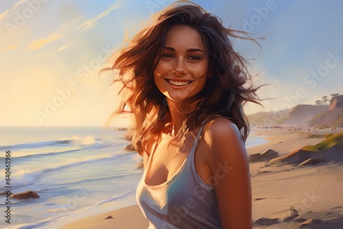 Seashore Charm: Young Woman's Delightful Expression by the Waves 