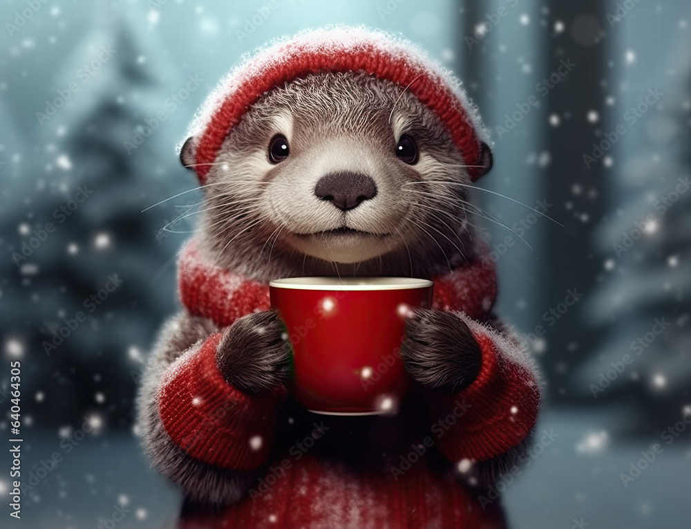 adorable nutria de dibujos animados en pie con gorro y jersey rojo, sosteniendo una taza de cafe caliente entre las manos, con fondo de bosque nevando. Concepto fondos y postales navideñas adorable nutria de dibujos animados en pie con gorro y jersey rojo, sosteniendo una taza de cafe caliente entre las manos, con fondo de bosque nevando. Concepto fondos y postales navideñas