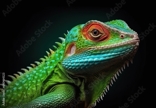 retrato de camaleón vede y azul sobre fondo negro