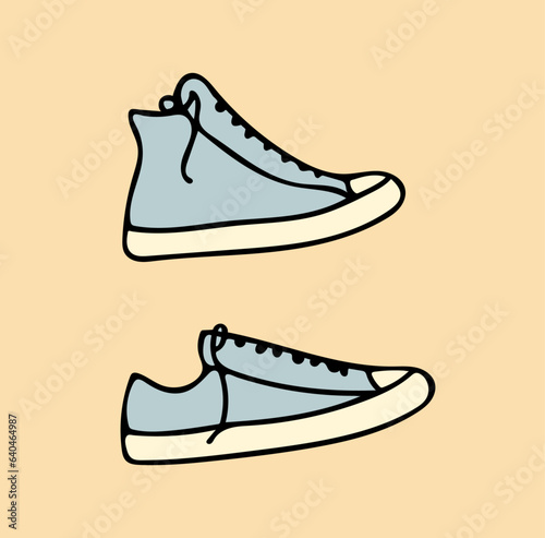Doodle sneakers. High and low hand drawn shoes. Shoes in groovy, retro and vintage cartoon style. Pencil, pen or marker sketch in light blue and beige colors (Full Vector)