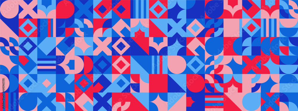 Blue pink and red modern geometric banner with shapes