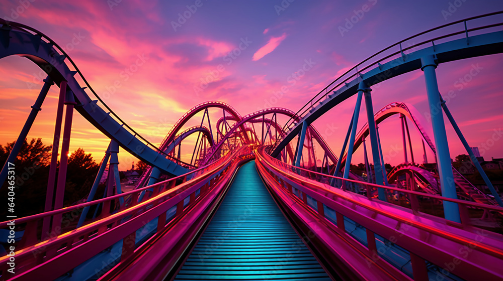 Fototapeta premium Roller Coaster Track with Neon Lights at Sunset for Amusement Park Thrill Ride Concept