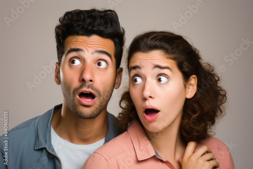 young couple happy expression against wall background. 