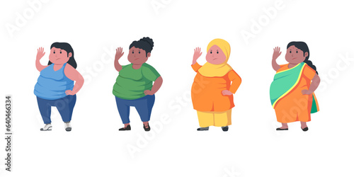 set of curvy various woman obese weight scale obesity overweight big plus size illustration character