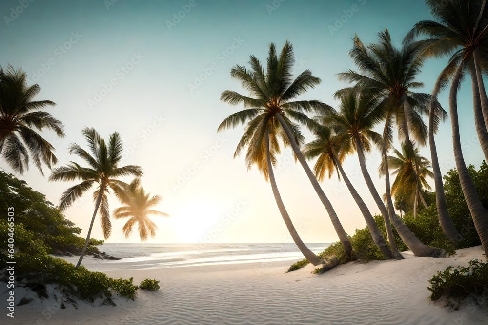 Obraz premium a secluded beach framed by towering palm trees and soft white sand
