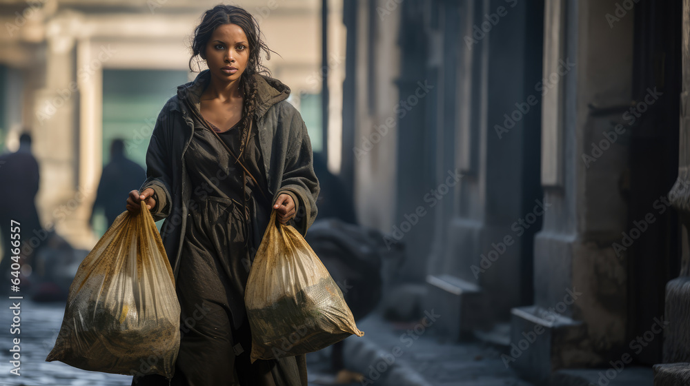 A homeless woman scavenger walking down the city street looking at the camera. A homeless woman scavenger walking down the city street looking at the camera.