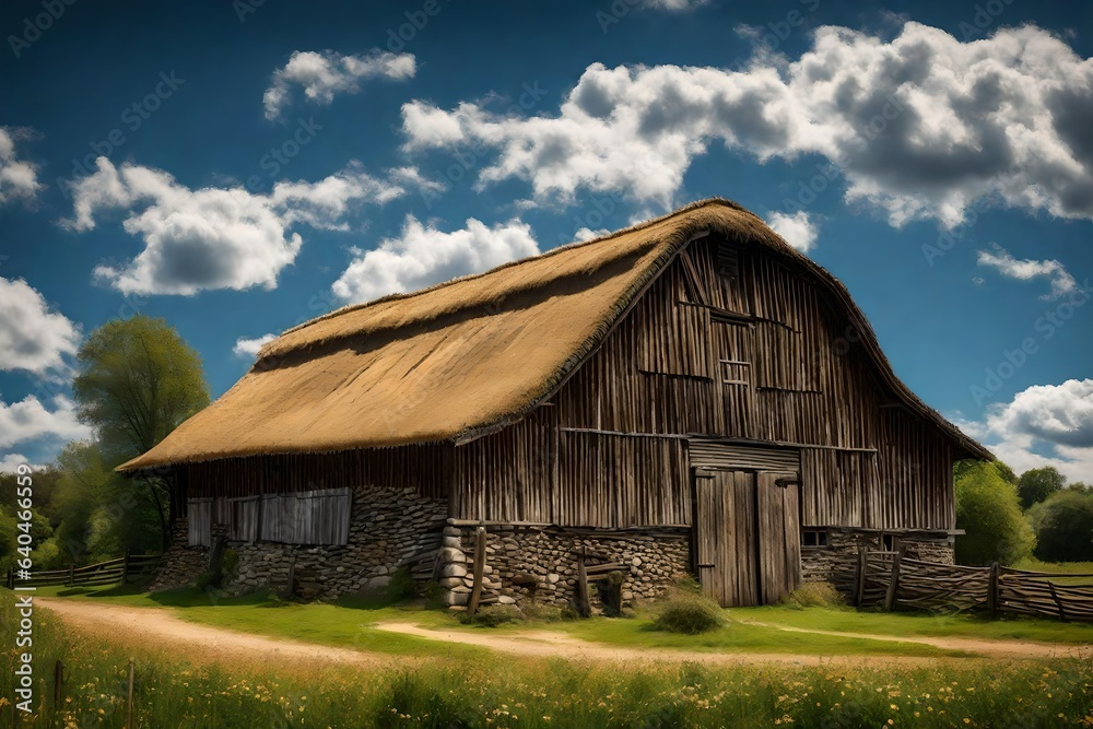 Generate an image of a rural barn with a thatched roof, set against a blue sky Generate an image of a rural barn with a thatched roof, set against a blue sky