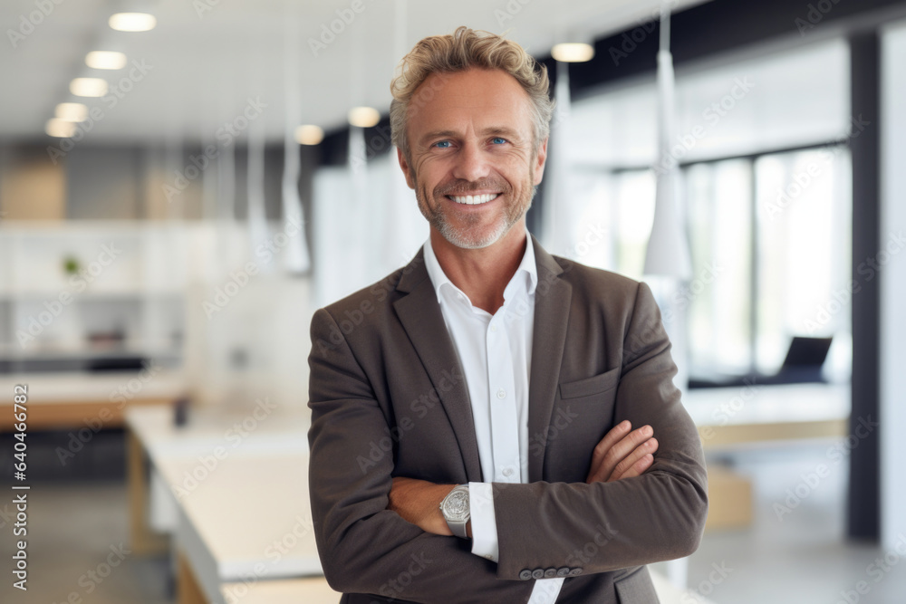 Fototapeta premium middle age adult man happy expression in a modern minimalist company