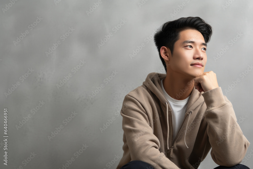 thinking with pensive expression against wall background. thinking with pensive expression against wall background.