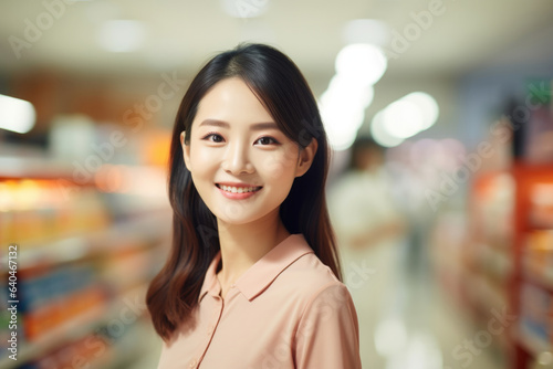 young woman happy expression in a super market .