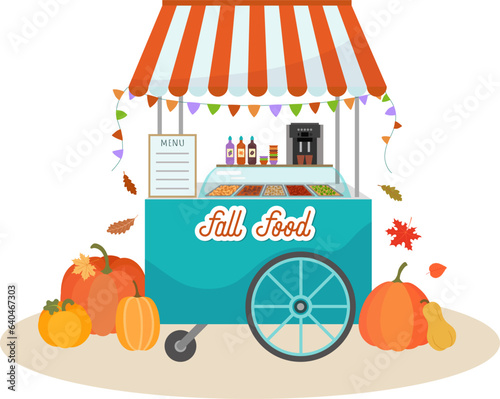 Fall food cart flat design. Autumn street food stall. Farm take away food stand with signboard, orange booth, coffee machine. Sausages, potato slices, broccoli, mushrooms in menu. Food truck fest.