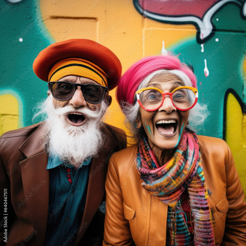 senior couple happy expression against grunge colorful graffiti