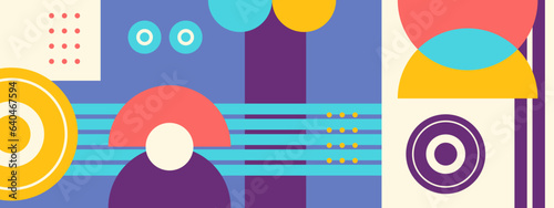 Abstract geometric backgrounds set isolated over white, vector design elements in retro style of the 70s, modern modular compositions with colorful geometrical shapes.