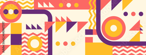Abstract Geometric Pattern Artwork. Retro colors and color background. Grid with colored geometric shapes. Modern abstract promotional flyer, background, brochure, pattern.