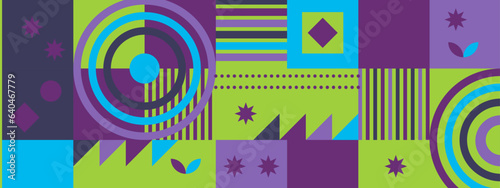 Abstract Geometric Pattern Artwork. Retro colors and color background. Grid with colored geometric shapes. Modern abstract promotional flyer, background, brochure, pattern.