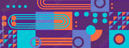 Abstract Geometric Pattern Artwork. Retro colors and color background. Grid with colored geometric shapes. Modern abstract promotional flyer, background, brochure, pattern.