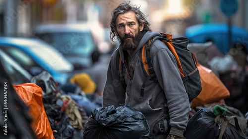 Homeless garbage collector walking city streets alone and looking at camera.