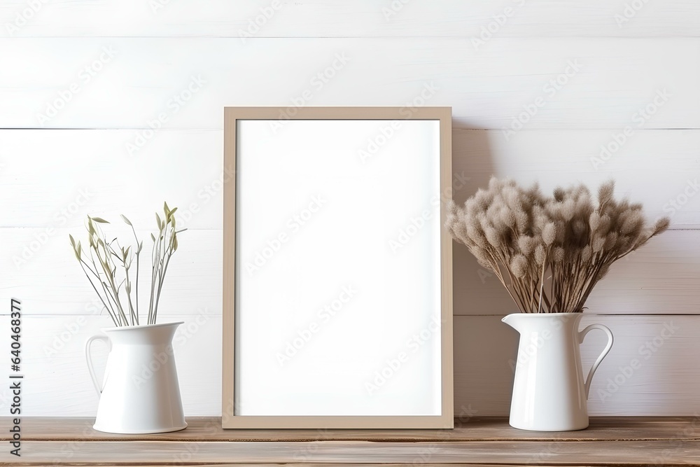 Fototapeta premium Mock up blank frame in kitchen interior, Farmhouse style. generative AI