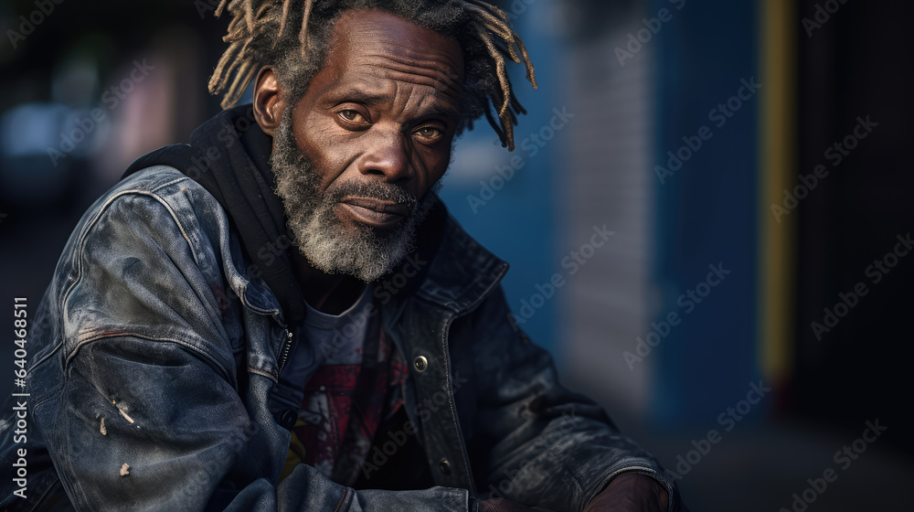 Fototapeta premium Black homeless garbage collector walking down the city street looking at the camera.