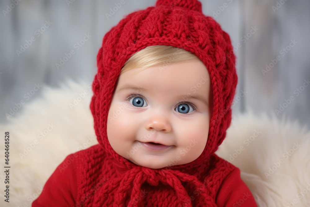 A smiling cute baby wearing a red knitted hat and sweater. The background is a white wooden wall with a white fur rug A smiling cute baby wearing a red knitted hat and sweater. The background is a white wooden wall with a white fur rug
