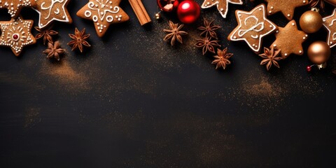 Christmas baking cookies sweets border background. Merry Christmas and Happy New Year. Festive beautiful background.