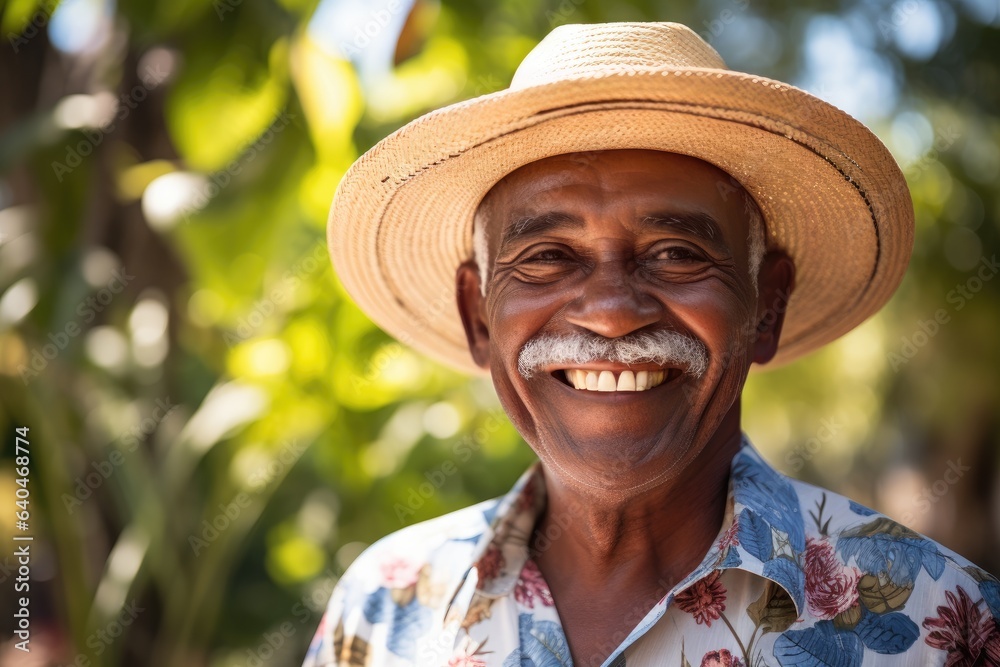 Portrait of an happy old Mexican man wearing a straw hat.
