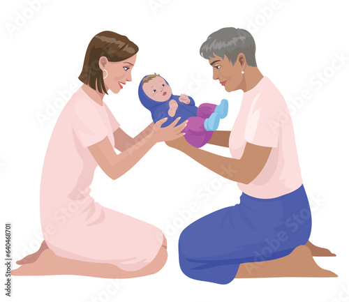 Mother and daughter holding a baby