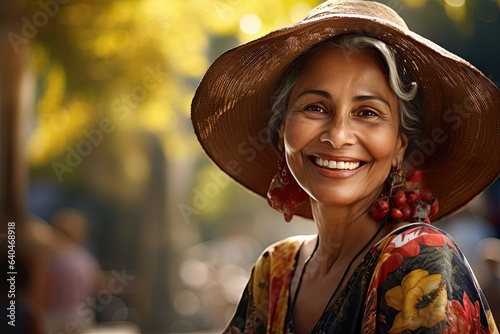 Portrait of an happy old Mexican woman wearing a straw hat.