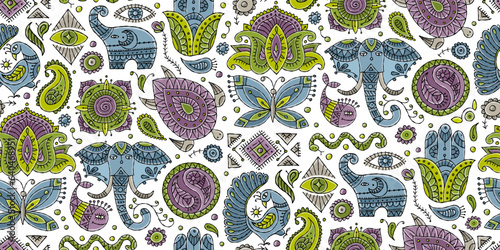 Indian vintage ornament for your design. Esoteric and animals, design elements, Seamless pattern background