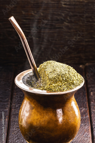 Chimarrão with yerba mate, a traditional drink from Brazil and South America, served hot.