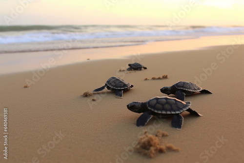 Newly hatched baby turtles head to the beach