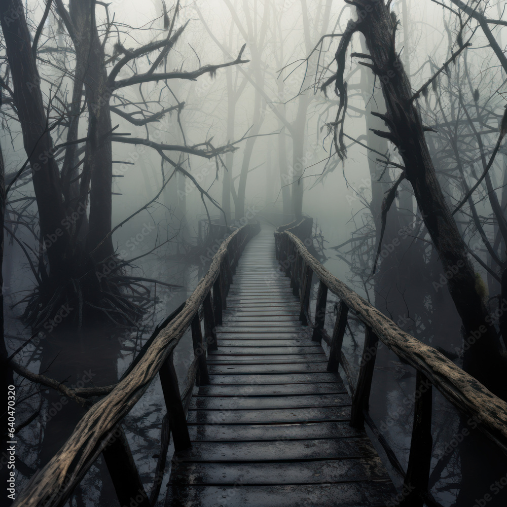 Fototapeta premium A wooden road in a foggy swamp forest that bridges 