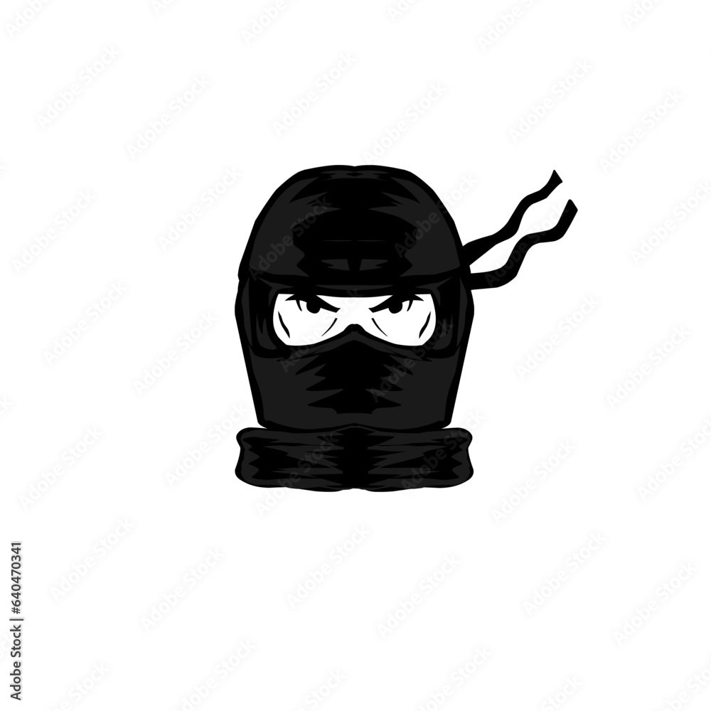 Illustration of a ninja head wearing a hood. Hand drawing over white background