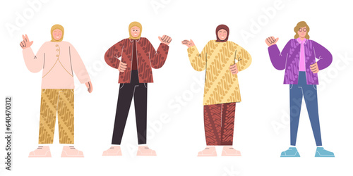 Batik fashion modern business woman wearing hijab scarf with traditional pattern flat illustration