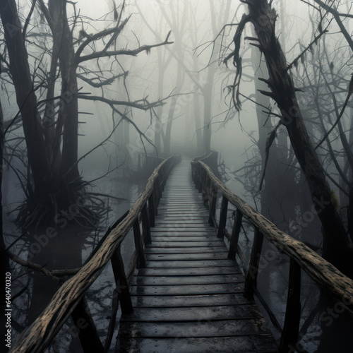  A wooden road in a foggy swamp forest that bridges 