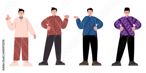 Man wearing batik traditional hand printed fashion shirt clothes set collection illustration flat with strokes