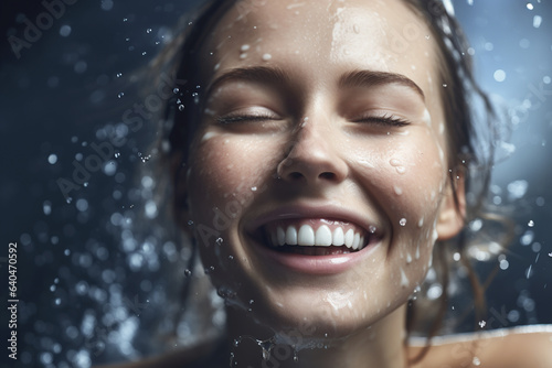 A smiling model with drops of water next to her face. Generative AI. © Aimages