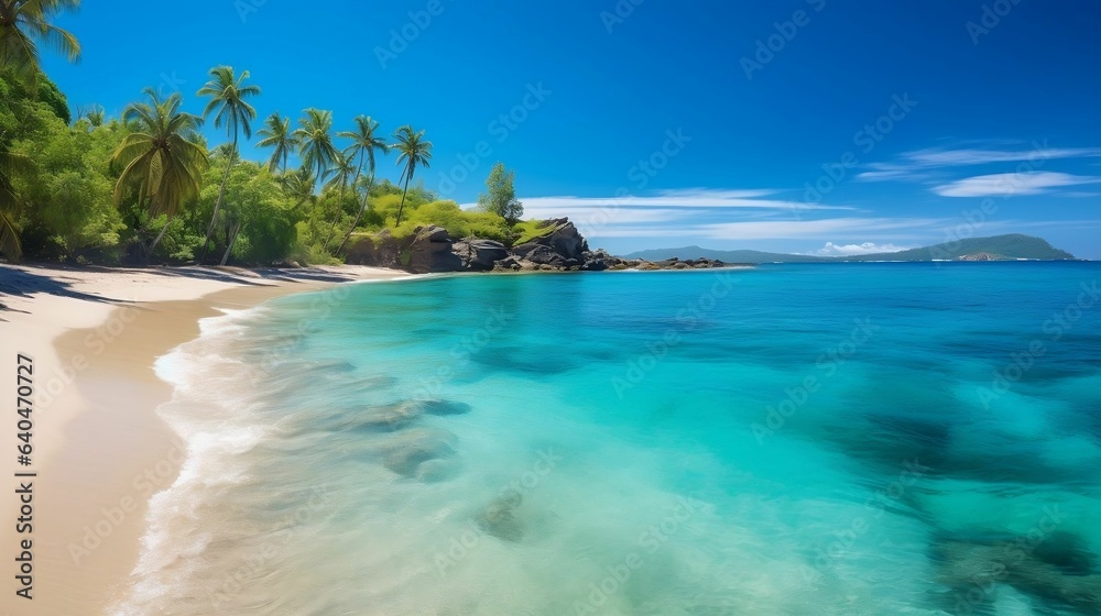 Fototapeta premium Secluded tropical beach with azure waters and swaying palms