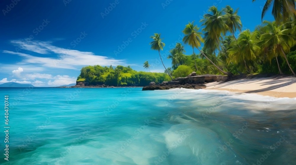 Secluded tropical beach with azure waters and swaying palms