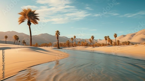 Tranquil oasis with palm trees and desert sand dunes
