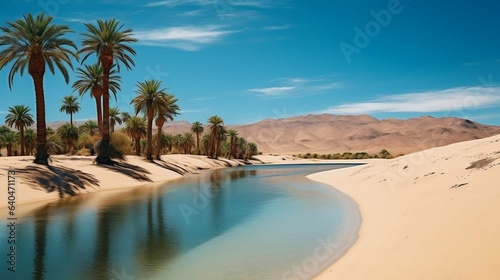 Tranquil oasis with palm trees and desert sand dunes 