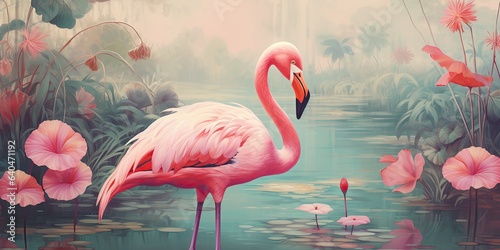 illustration of pink flamingos standing in a lotus garden pond, generative AI © VALUEINVESTOR